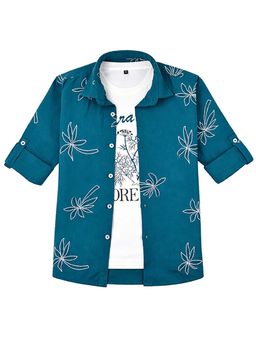 CAVIO - Teal Boys Floral Print Shirt With T-shirt