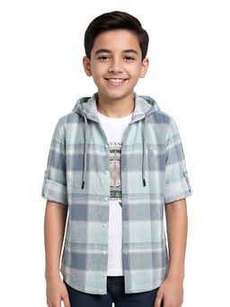 CAVIO - Blue Boys Full Sleeves Checked Hooded Shirt With T-shirt