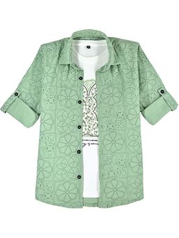 CAVIO - Green Boys Floral Print Casual Shirt With T-shirt