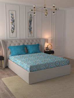 MYTRIDENT - Comfort Living Queen Cotton Bedsheet & Pillowcases Ajrakh Blue (Set of 3)