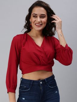 SHOWOFFFF - Women's Vertical Stripes Cinched Waist Maroon V-neck Top