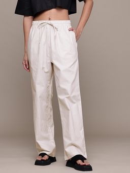 Popnetic - Striped Brown Linen Blend Wide Leg Trouser