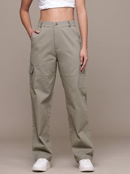 Popnetic - Women Solid Grey Flat-Front High-Rise Cargo