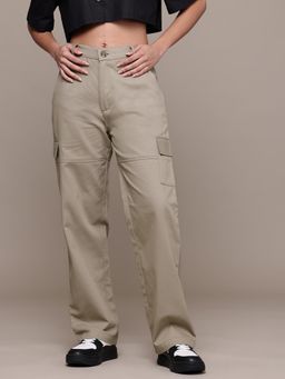 Popnetic - Women Solid Khaki Flat-Front High-Rise Cargo