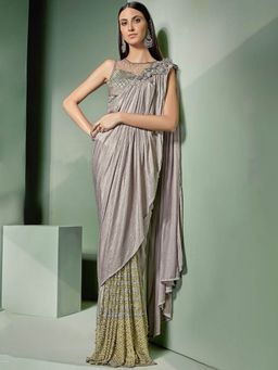 Odette - Grey Lycra Fancy Net Designer Saree with Unstitched Blouse