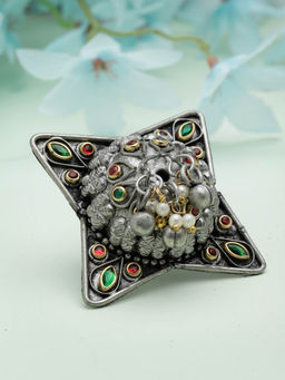 Moedbuille - Stones Studded Antique Design Handcrafted Oxidised Silver Plated Finger Ring