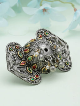Moedbuille - Stones Studded Antique Design Handcrafted Oxidised Silver Plated Finger Ring