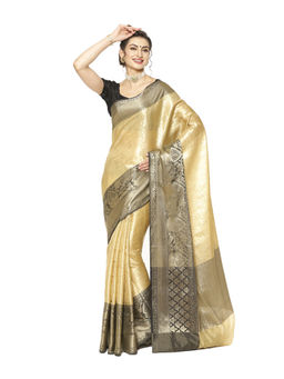 Banarasi Silk Works - Gold Zari Kanchi Silk Tanchoi Meena Saree with Unstitched Blouse