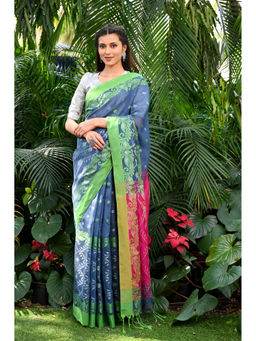 Beatitude - Blue Handloom Cotton Silk Saree with Unstitched Blouse