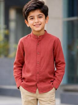 Campana - Boys Pure Cotton Solid Mandarin Collar Shirt - Onion Pink