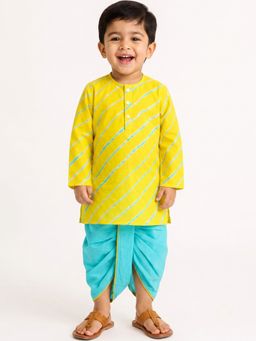 Campana - Boys Bansi Pure Cotton Leheriya Print Dhoti Kurta Set - Yellow And Turquoise