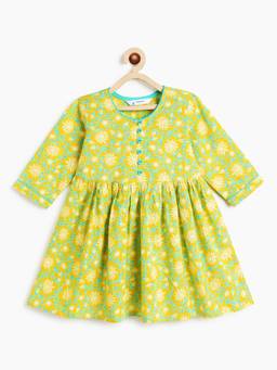 Campana - Girls Sanjana Pure Cotton Floral Printed Kurta - Lime Green And Turquoise Blue