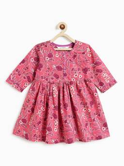 Campana - Girls Sanjana Pure Cotton Rose Printed Kurta - Pink And Purple