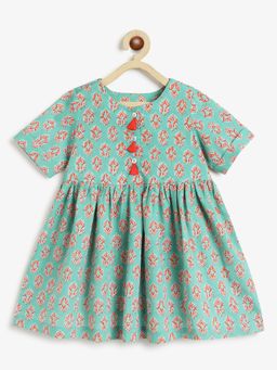 Campana - Girls Zoe Pure Cotton Blockprint Dress - Pista Green And Red