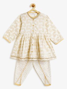 Campana - Girls Asmi Pure Cotton Floral Print Kurta Dhoti Suit Set - White And Gold