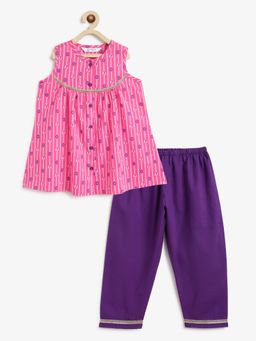 Campana - Girls Revathi Floral String Print Kurti Pant - Pink And Purple
