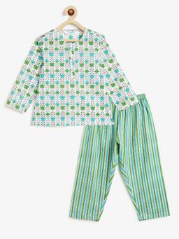 Campana - Kids Appu Pure Cotton Floral Print Nightsuit - White And Green