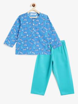 Campana - Kids Appu Pure Cotton Zebra Print Nightsuit - Blue And Green
