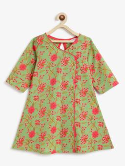 Campana - Girls Mira Pure Cotton Floral Printed Kurta - Green And Peach