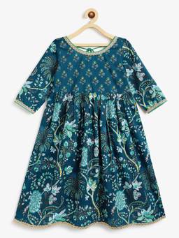 Campana - Girls Madhuri Pure Cotton Floral Printed Long Kurta - Navy And Sea Green