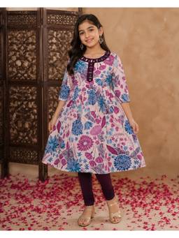 Aarika - Girls Ethnic Wear Pink Colour Floral Printed Cotton Kurta