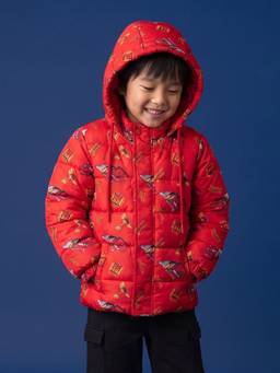 Nautinati - Boys Disney Cars Printed Hooded Red Puffer Jacket With Detachable Hood
