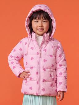 Nautinati - Girls Regular Fit Hooded Hearts Printed Puffer Jacket With Front Zip