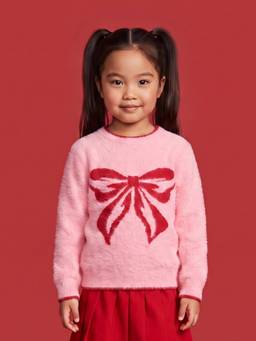 Nautinati - Girls Relaxed Fit Fuzzy Bow Knit Sweater With Round Neck And Full Sleeves