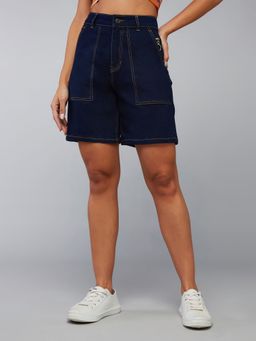 DOLCE CRUDO - Women's Navy Blue High rise Above Knee Stretchable Denim Shorts