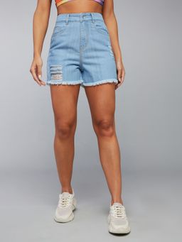 DOLCE CRUDO - Women's Blue Relaxed Fit Mid Rise Highly Distressed Denim Shorts