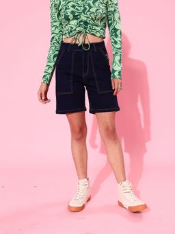 DOLCE CRUDO - Women's Navy Blue High rise Above Knee Stretchable Denim Shorts