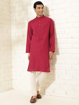 Fabindia - Pink Cotton Striped Slim Fit Long Kurta