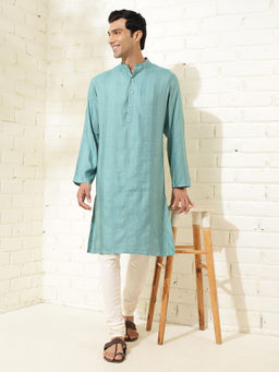Fabindia - Blue Viscose Blend Dobby Slim Fit Long Kurta