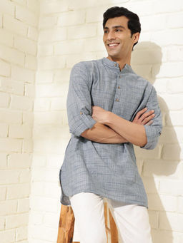 Fabindia - Grey Cotton Checks Slim Fit Short Kurta