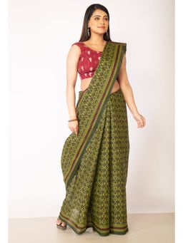 Unnati Silks - Green Pure Krisha Block Printed Cotton Saree with Unstitched Blouse