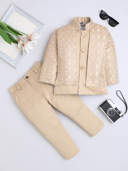FOURFOLDS - Boys Beige Jacquard Diamond Motifs Blazer and Trouser