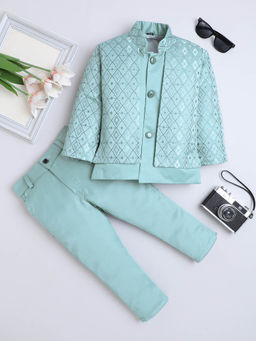 FOURFOLDS - Boys Pastel Blue Jacquard Diamond Motifs Blazer and Trouser