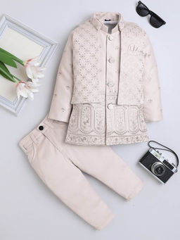 FOURFOLDS - Boys Beige Sequined Floral Embroidered Jacket with Sherwani and Trouser
