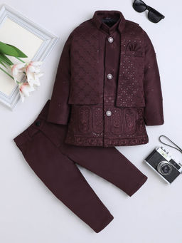 FOURFOLDS - Boys Wine Sequined Floral Embroidered Jacket with Sherwani and Trouser