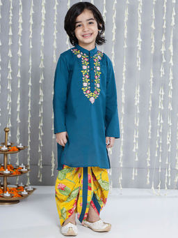 KID1 - Boys Blue Floral Embroidered Kurta and Dhoti