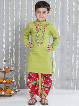 KID1 - Boys Green Floral Embroidered Kurta and Dhoti