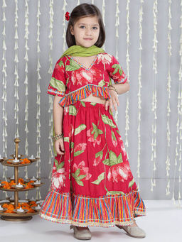 KID1 - Red Floral Print Choli with Lehenga and Dupatta