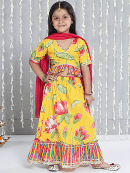 KID1 - Yellow Floral Print Choli with Lehenga and Dupatta