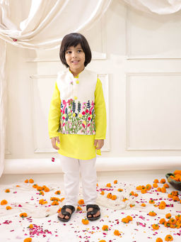 KID1 - Yellow Embroidered Jacket with Kurta & Pajama