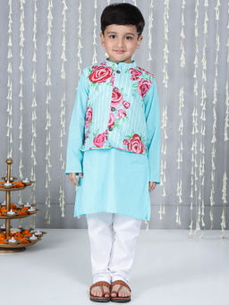 KID1 - Turquoise Guldasta Boys Jacket with Kurta and Pyjama