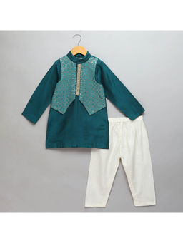 The Little Tales - Bottle Green Woven Attached Jacket Kurta and Pyjama