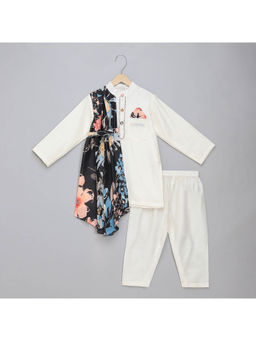The Little Tales - Boys Asymmetric Pleat Print Off-white Kurta & Pyjama