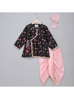 The Little Tales - Black/ Baby Pink Lotus Print Angrakha Kurta and Dhoti