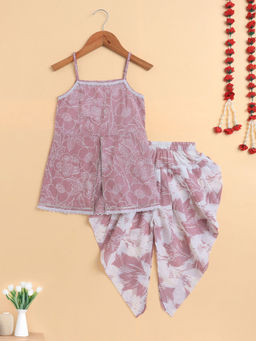 The Magic Wand - Mauve Cambric Cotton Printed Singlet Front Slit Kurta and Dhoti