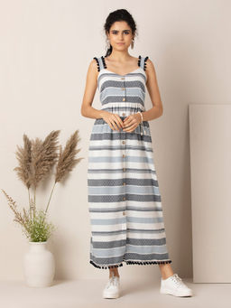 Indya - Earthen BY INDYA Blue Striped Button Down Maxi Dress